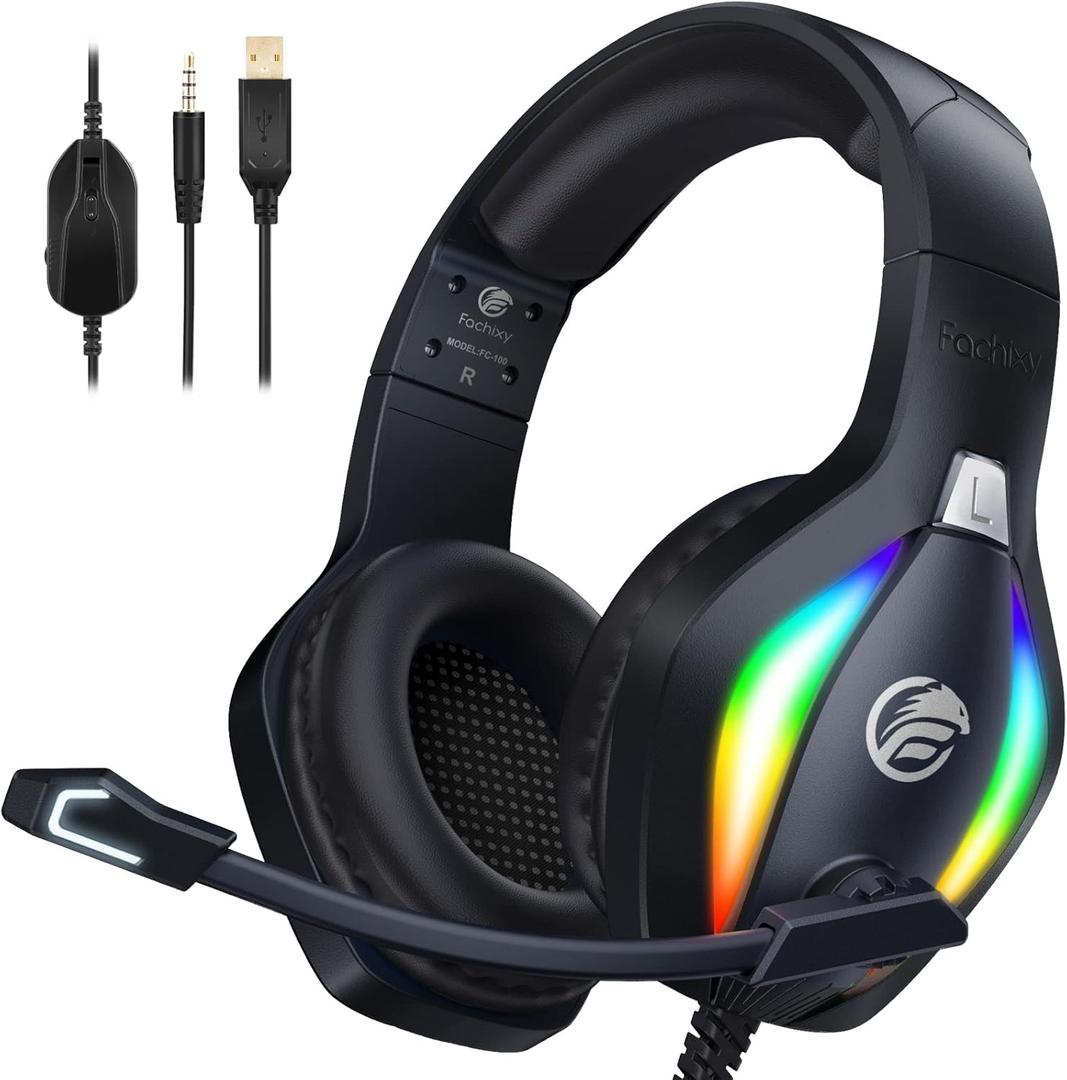 FC100 Gaming Headset with Microphone for PS4, PS5, Switch, Xbox, PC, Mac, Gamer Headset with RGB Light, Computer Headphones with Mic (One Size, BLACK)