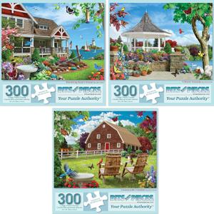 Bits and Pieces - Value Set of 3, 300 Piece Jigsaw Puzzles for Adults - Measures 18" x 24" - 300 pc Vibrant Blooming Branch House Countryside Comfort Flowers Summer Jigsaws by Artist Alan Giana