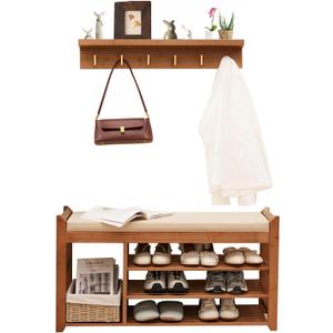 PETKABOO Hall Tree with Bench and Shoe Storage, Coat Rack Shoe Bench Set with Seat Cushion and 6 Hooks for Entryway, Hallway, Living Room and Bedroom
