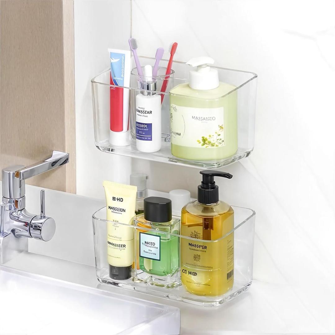 PAVSTINE 2 Pack Clear Shower Shelf, Adhesive Bathroom Shower Shelves, Wall Mounted Bathroom Shower Organizer, No Drill Shower Shelves with Self Adhesive Tape, Transparent