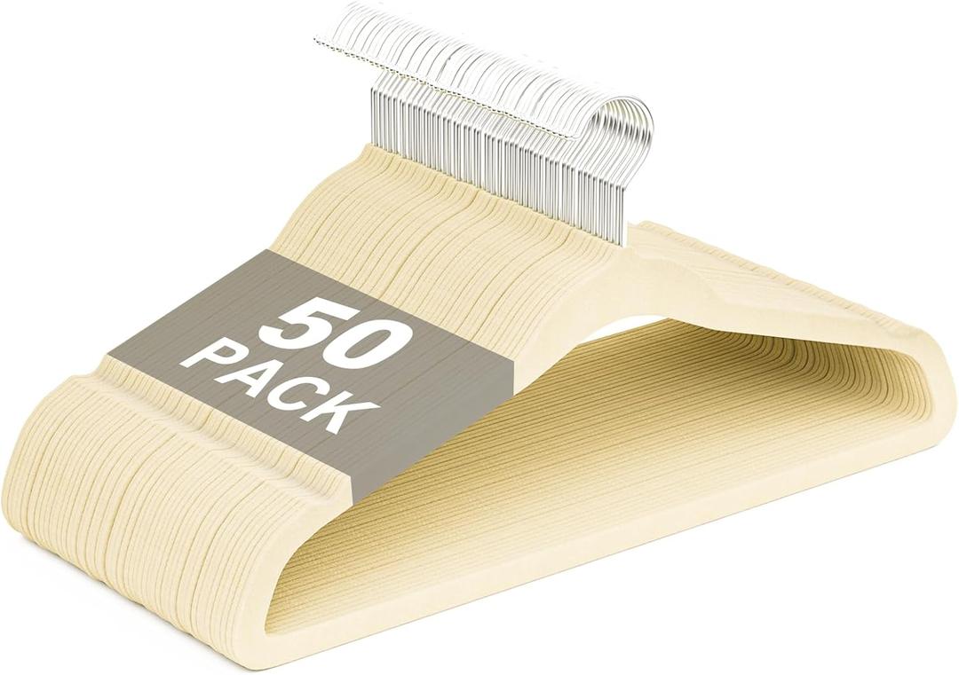 Velvet Felt Hangers 50 Pack, Non Slip, Slim, Space Saving, Ivory