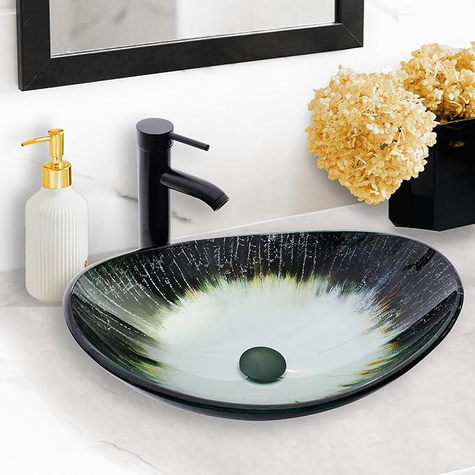 Vessel Sink 20.8"x13.7" White Oval Bathroom Sinks Tempered Glass Art Basin Bowl Above Counter with Faucet,Farmhouse Bathroom Vanity with Sink