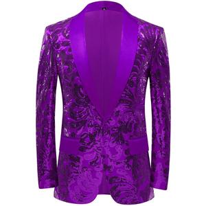 Men Stylish Satin Face Sequins Floral Pattern Suit Jacket Blazer (3X-Large, Purple)