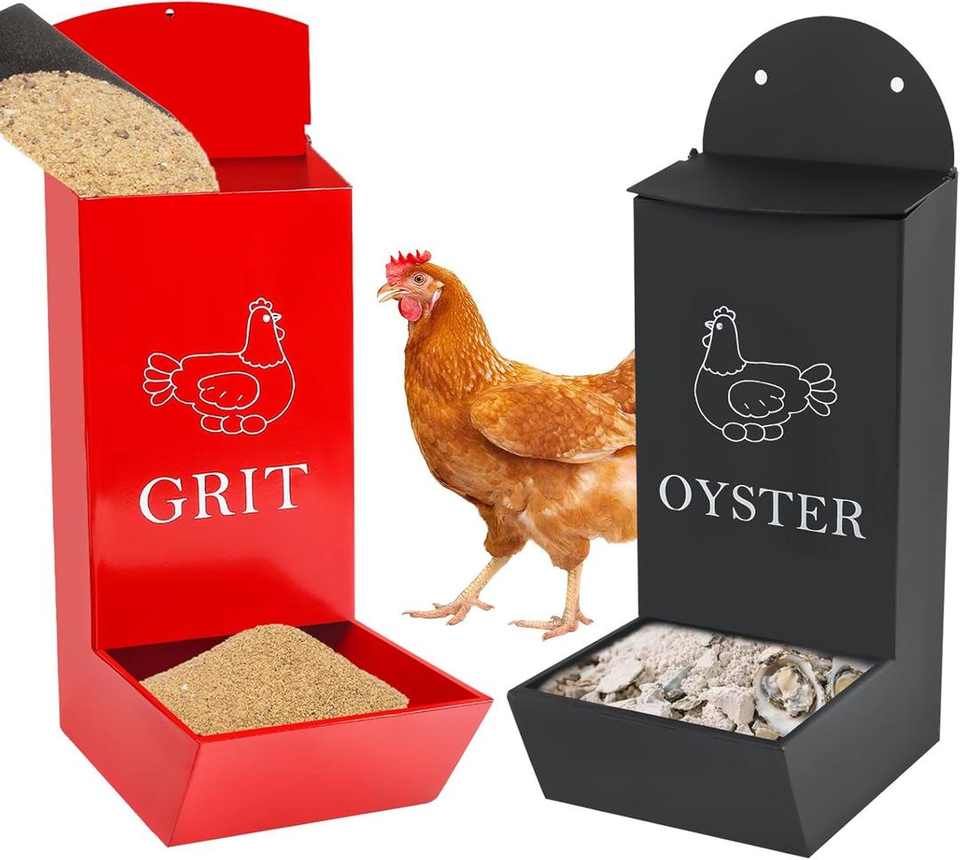 2Pack Chicken Grit Feeder, Metal Oyster Shell Feeder with Lid, Hanging Gravity Chicken Poultry Feeders Trough, Coop Accessories Supplies