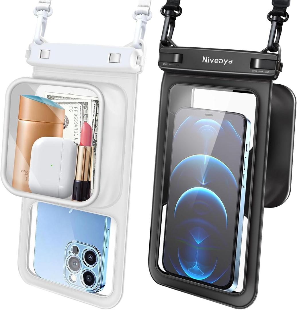 Niveaya [Floatable Floating Waterproof Phone Pouch 2 Pack-Up to 8.5", Large Space Adjustable Neck Lanyard Waterproof Phone Case, Phone Dry Bags for Vacation Beach Pool Kayak Cruise Travel Essentials (Black + White)
