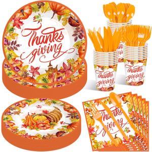 175 Pcs Thanksgiving Tableware Set - Serves 25, Harvest-Themed Disposable Plates, Cups, Napkins, Plastic Forks, Spoons, Knives for Thanksgiving Day Dinner, Fall Party Supplies, Autumn Gatherings