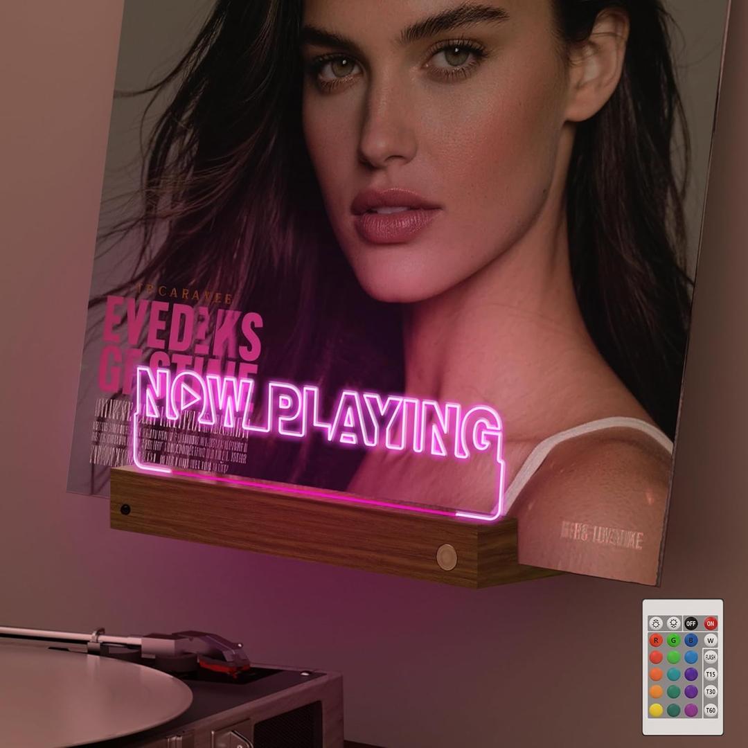 Light Up Now Playing Vinyl Record Stand Wall Mount, Record Holder Wall Display Decor, LED Wooden Base 16 Color Changing with Remote Control,Vinyl Album Storage Gifts for Music Lovers Room Decor