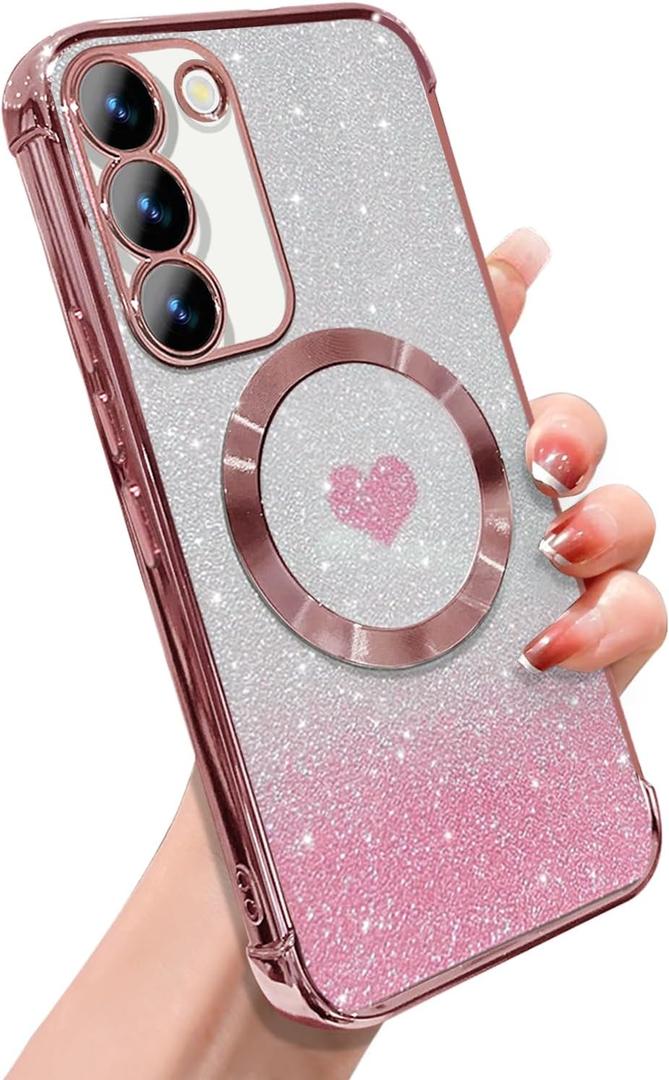 for Samsung Galaxy S23 Plus Case Magnetic,for Women Girl Soft Luxury Plating Bling Gradient Glitter Cute Heart Cover Compatible with MagSafe Clear Shockproof Protective Phone Case 6.6-Pink