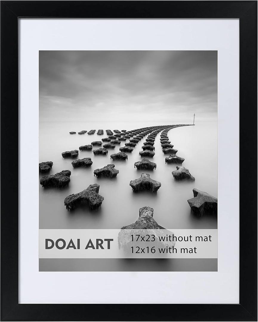 DOAI ART 12x16 Frame Black with Mat or 17x23 Picture Frame without Mat - Poster frame with Polished Plexiglass for Wall Vertically or Horizontally Display - Wall Mounting Hardware Included