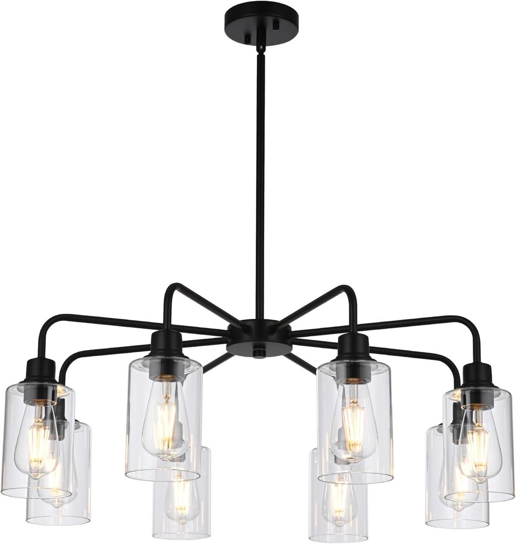 8-Light Modern Black Chandelier with Clear Glass Shades, E26 Base Farmhouse Pendant Light Fixture, Adjustable Swivel Heads Ceiling Lighting, Industrial Chandelier for Dining Room Kitchen Hallway
