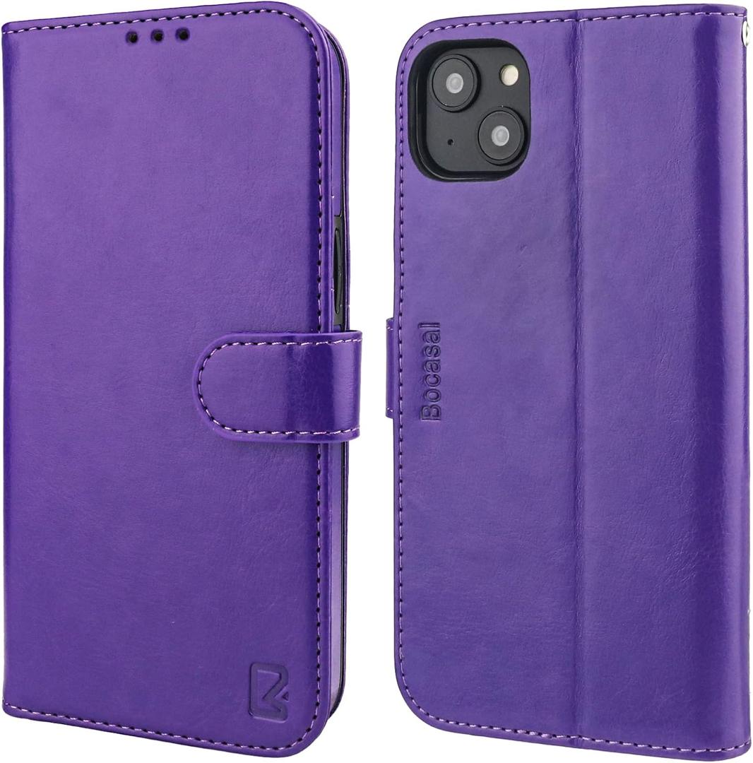 Bocasal Wallet Case for iPhone 14 Plus, RFID Blocking Magnetic Flip Case with Card Slots Holder Kickstand Wrist Strap, PU Leather Folio Shockproof Protective Cover 6.7 Inch (Purple)