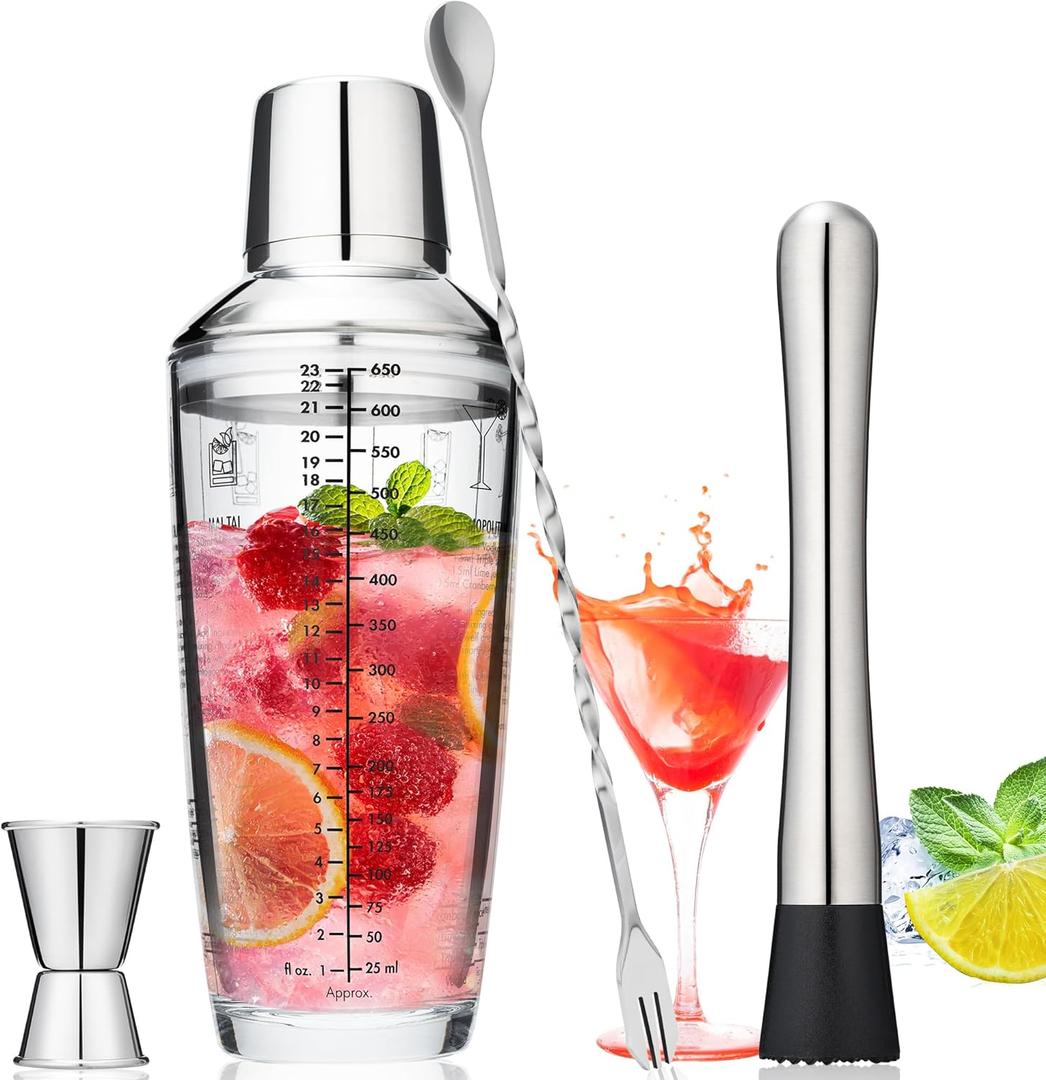 Tiawudi 23oz Glass Cocktail Shaker Set, 4PCS Bartender Kit, Martini Mixer Shaker with Built-in Strainer, Measuring Jigger, Cocktail Muddler & Mixing Spoon, Bar Tool Set for Bartender and Home Use (23 oz, Silver)
