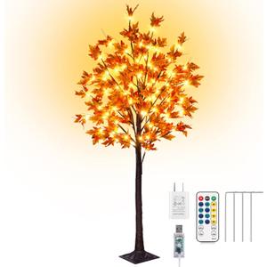 FastDeng 5Ft Fall Maple Tree Light Thanksgiving Decorations, 90 LED Warm White Dimmable Timing Artificial Fall Tree with 8 Flashing Modes for Home Indoor Outdoor Autumn Thanksgiving Harvest Decor