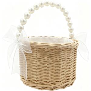 Wedding Flower Girl Basket with Bow, Pearl Handle Flower Basket, Cute Handwoven Wicker Rattan Basket and Home Decor