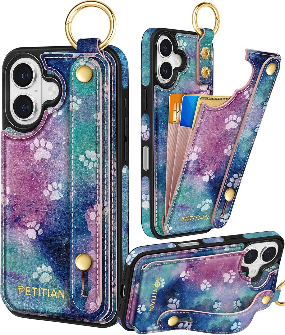 Petitian for iPhone 16 Plus Wallet Case - Women Girls Cute Girly Aesthetic Unique Design Leather Credit Card Holder Cardholder Stand Wristband for iPhone 16 Plus, Cat Paw