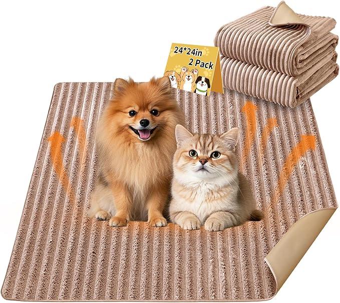 Dog Crate Mat, 2 Pack 18"24" Flannel Washable Pet Mat for Dogs and Cats, Non-Slip Pet Pad for Kennel Training, Absorbs Urine and Waterproof Pad for Sofa Bed Crate Kennel Car Seat Floor 
（Khaki）