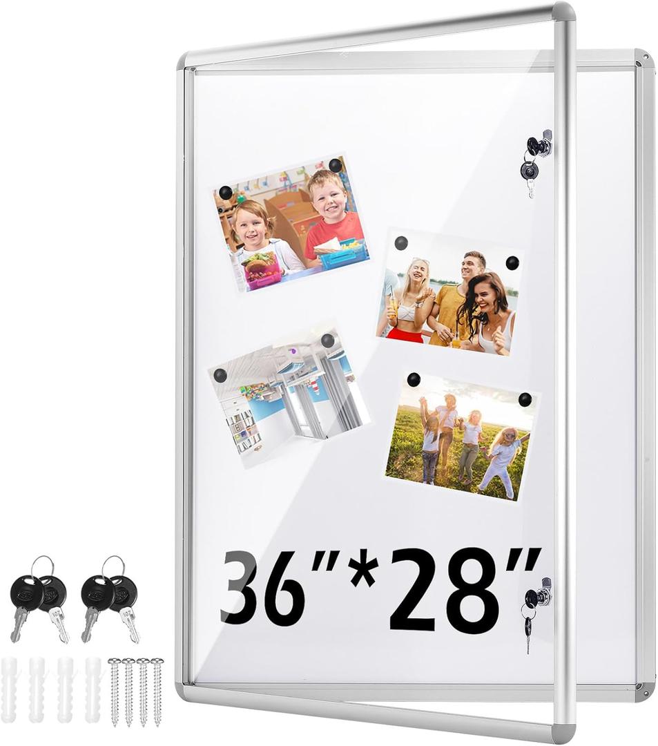 Ctosree 36"x28" Lockable Enclosed Bulletin Cork Board, Outdoor Display Case with Glass Door Weather Resistant Notice Board with Aluminum Frame for Office School Hospital Community, 9xA4(White)