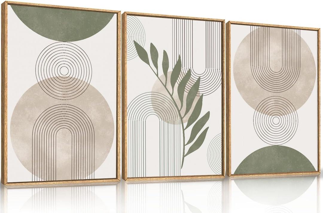 HPINUB Sage Green Framed Canvas Prints Wall Art Set, Abstract Botanical Boho Wall Decor, Minimalist Geometric Line Leaf Canvas Artwork for Living Room, Bedroom, Dining Room, Office, Bathroom - (16"x24"x3)