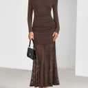 ZESICA Women's Long Sleeve Off Shoulder Bodycon Dresses Fall 2026 Ruched Lace Wedding Guest Cocktail Formal Maxi Dress (Brown, L)