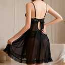 Women Sexy Black lace Lingerie Sheer V Neck Strapless Nightgown See Through Bra and Panty Set