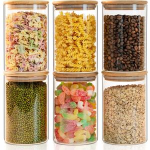 YUNCANG Glass Food Storage Jars 50oz [Set of 6],Clear Glass Food Storage Containers with Airtight Bamboo Lid Stackable Kitchen Canisters for Candy,Cookie,Rice,Sugar,Flour,Pasta