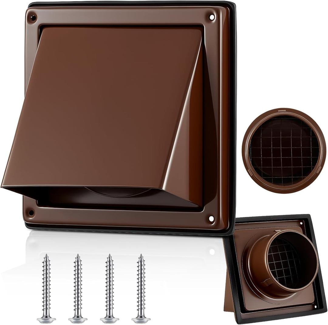 Gisafai 4'' Dryer Vent Cover Outside Walls External Extractor Fan Exhaust Vent Cap Stainless Steel Hood Cushioned Non Return Flap with Sealing Gasket Grille Screen (Brown)