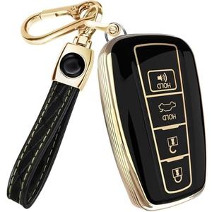 Lucrum for Toyota Camry Key Fob Cover and Leather Keychain - TPU Key Case for Toyota Corolla, RAV4, Avalon, Prius, C-HR - 2019-2024 Keyfob Cover Compatible with HYQ14FBE - Black and Gold