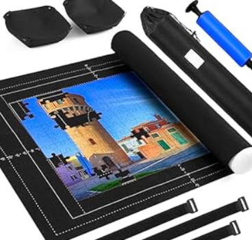 Jigsaw Puzzle Mat Roll Up Fits 2000 1500 1000 Pieces Puzzles, Large Pad Portable Table Non-Slip Board Saver Mats with 2 Sorting Trays, Inflatable Tube, Straps, Keeper Storage Bag, Adults Gifts (Green Felt)