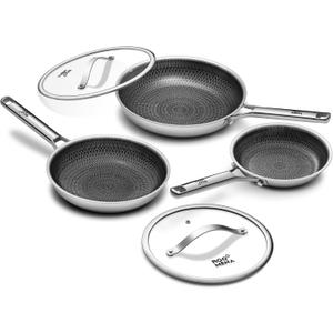 Nonstick Frying Pan Set with 2 Lid, Non-Toxic Tri-Ply Hybrid Ceramic Skillet 3 Piece, 8, 10 & 12 Inch Stainless Steel Pans, PFAS/PFOA/PTFE Free, Dishwasher & Oven Safe, Induction Compatible