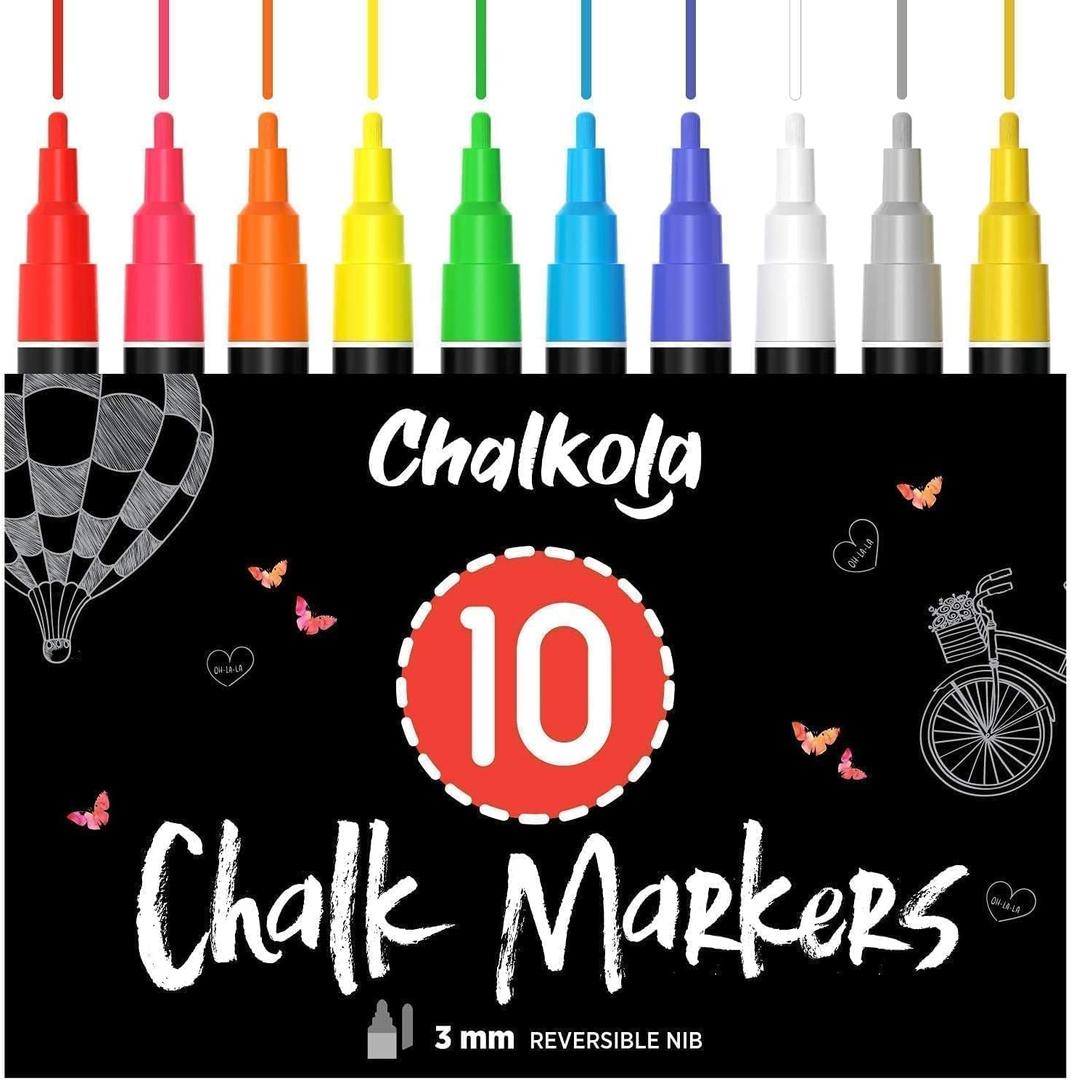 Liquid Chalk Markers (10 Pack) with Gold & Silver - Fine Tip Dry Erase Marker Pens for Blackboard, Windows, Chalkboard Signs, Bistro - 3mm Reversible Tip
