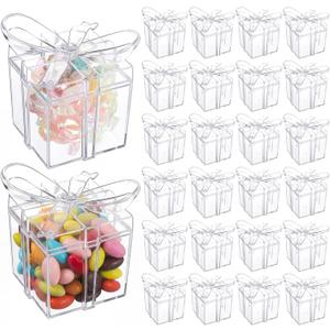 Potchen 24 Pack Clear Acrylic Gift Boxes with Bow Lid 2 x 2 x 2.3 Inch Small Party Favor Boxes Mini Candy Treat Containers for Wedding Baby Shower Birthday Party Decoration Supplies