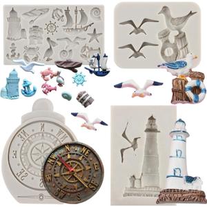 Sijiangmold Sailing Ship Fondant Molds Compass Anchor Rudder Lighthouse Silicone Molds For Cake Decorating Chocolate Candy Cupcake Topper Polymer Clay Set Of 4 (Style B)