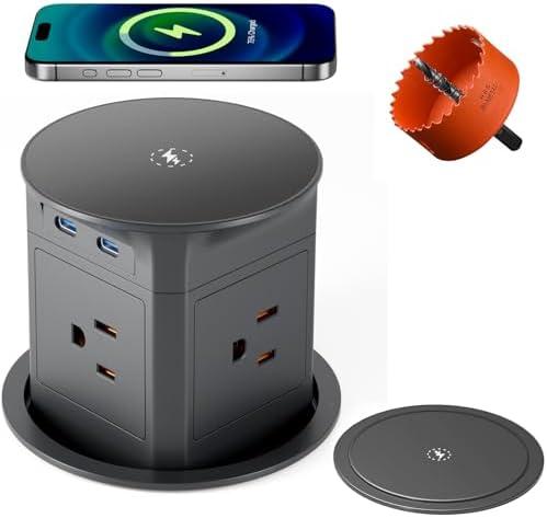 Pop Up Countertop Outlet with 15W Wireless Charger,Pop up Outlet,Max 20W USB Power Delivery,3.94" Space Saver Recessed Outlet,Pop Up Electrical Outlet with 4 Outlets 2 USB Ports for Home Office（Grey）