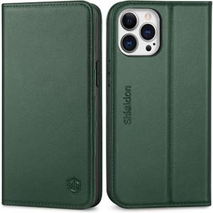 SHIELDON Case for iPhone 13 Pro Max 5G, Genuine Leather Wallet Case RFID Blocking Card Holder Magnetic Cover Kickstand Shockproof Cover Compatible with iPhone 13 Pro Max 5G (6.7") - Midnight Green