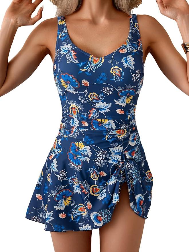 One Piece Swim Dress Swimsuits for Women Tummy Control Swimdress Skirt V Neck Bathing Suit (Small)