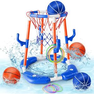 Pool Basketball Hoop, 2-in-1 Floating Pool Toys Ring Game with 4 Balls and Pump