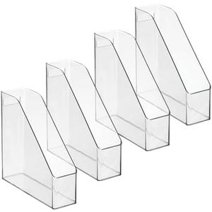 mDesign Plastic Slim Vertical File Folder Storage Organizer Bin with Handle, Hold Notebooks, Binders, Envelopes, Magazines for Home Office, Work Desktops, Ligne Collection, 4 Pack, Clear