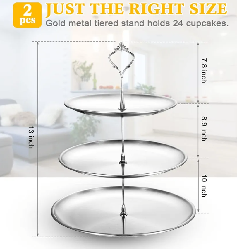 Gerrii Set of 1 Cupcake Display Stands 3 Tier Serving Tray Platters Stainless Steel Cup Cake Tower for Birthday Party Wedding Dessert Cookie Candy(Silver)