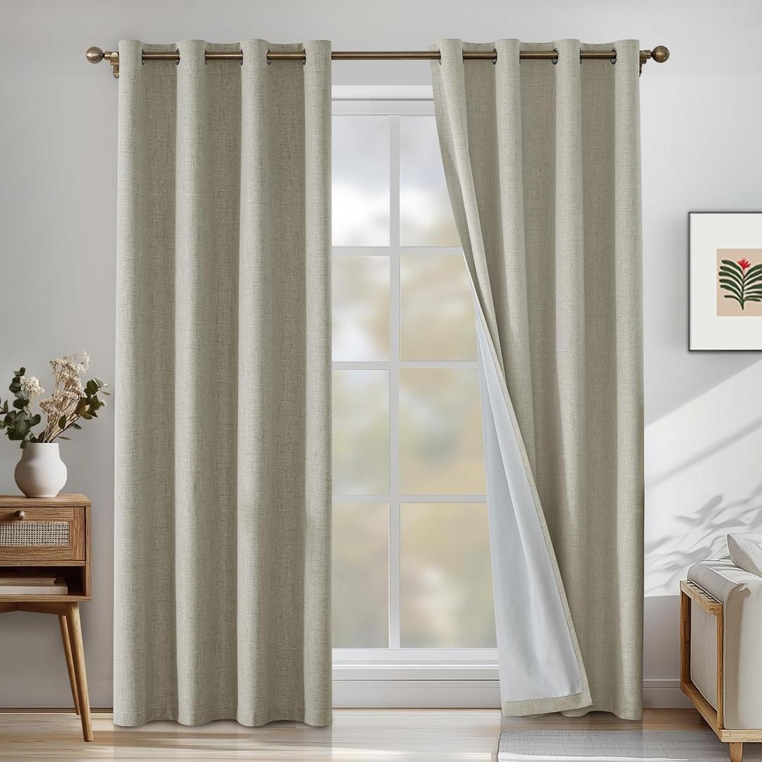 Faux Linen 100% Blackout Curtains for Bedroom, 108 Inch Blackout Curtains, Room Darkening Curtains Living Room, Long Curtain Grommets Drapes, Thermal Curtains(2 Panels, Natural)