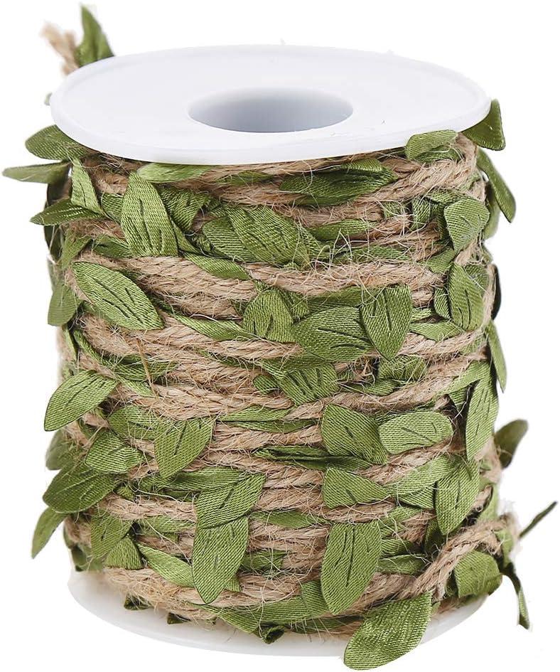 Natural Jute Twine, Creative Burlap Leaf Ribbon 5MM with Artificial Green Leaves, Perfect Braided Decorated Vine for Art & Crafting Home Packing Decoration and Any Party Decoration