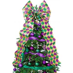 47 Inch Mardi Gras Wreath Bow Large Mardi Gras Bow Decor Gold Purple Green Glitter Ribbon Tree Topper New Orleans Ornament for Carnival Party Wreath Indoor Outdoor Home