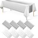 8Pack Disposable Plastic Tablecloths and Satin Table Runner Set White and Silver Dot Tablecloth Silver Satin Table Runner for Wedding Birthday Baby Shower Anniversary Christmas New Year Party Supplies