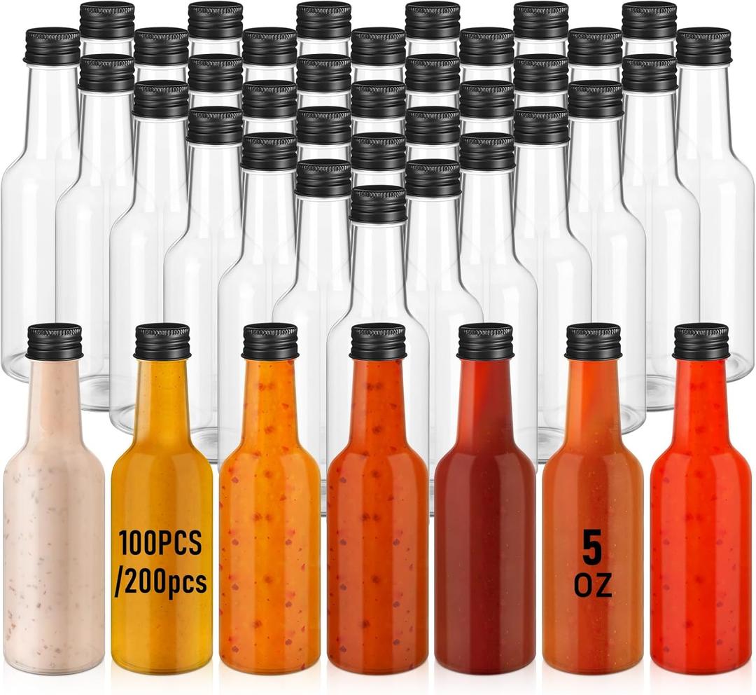 Zubebe 100 Pcs Hot Sauce Bottles Small Plastic Clear Woozy Bottles Empty with Leak Proof Black Screw Cap Mini Wine Liquor jars for Kitchen Sauce Salad Dressing Syrup Juice Whiskey (5 oz)