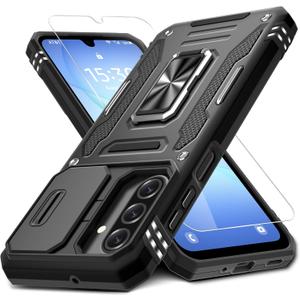 DEERLAMN Case for Samsung Galaxy A17 5G with Slide Camera Cover+Screen Protector (1 Pack), Rotated Ring Kickstand Military Grade Shockproof Protective Cover-Black