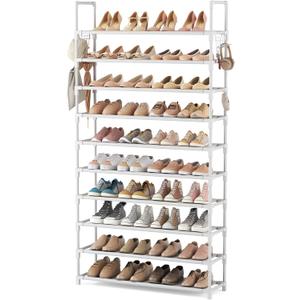 VTRIN 10 Tiers Shoe Rack Tall Large Capacity Wide Shoe Organizer Sturdy Shoe Shelf for Entryway with Two Hooks Metal Shoe Storage for Closet, Bedroom, White