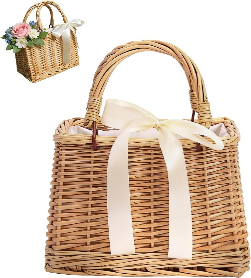 Handwoven Straw Basket Purse,Bohemian-style Flower Girl Baskets for Weddings + Versatile Everyday Basket Bag for Multiple Occasions