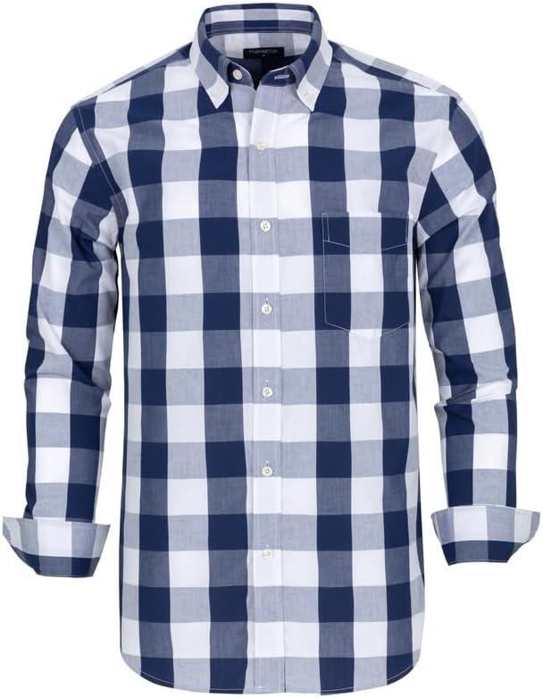 Men's Button Down Shirts Plaid Long Sleeve Dress Shirts Regular-Fit Casual Shirt (L)