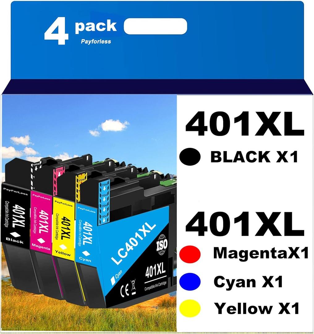 LC401XL Ink Cartridges for Brother Printer Compatible for LC401 Ink Cartridges for MFC-J1010DW MFC-J1012DW MFC-J1170DW Printer 4 Pack (1 Black, 1 Cyan, 1 Magenta, 1 Yellow)