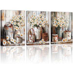 WENGTIAO 3Pcs Rustic Daisy Canvas Wall Art Fall Flower Prints Posters Vintage Country Flora Paintings Pictures Nature Botanical Artwork for Bedroom Living Room Bathroom 12x16x3