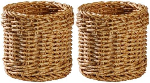 Amosfun Rattan Pencil Holder Wicker Basket Weave Pen Cup Makeup Brush Organizer 4 Inch Cylinder Desk Storage Container for Home Office 2 Pack